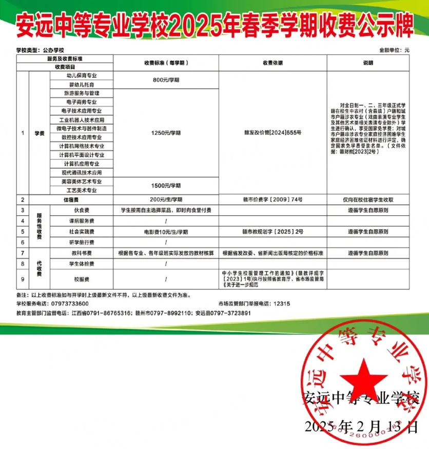安远中等专业学校2025年春季学期收费公示